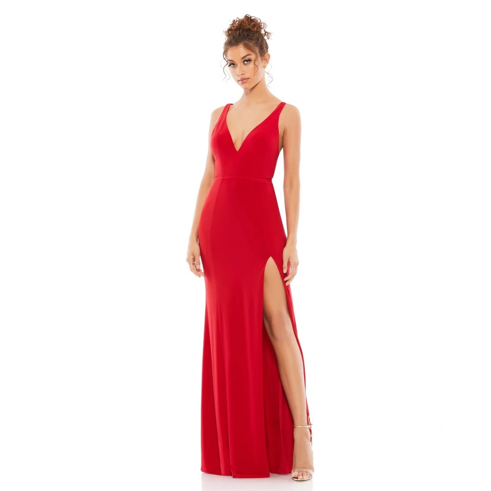 Mac Duggal Plunge Neck High Slit Jersey Vneck Gown Red -‎ NwT 8
